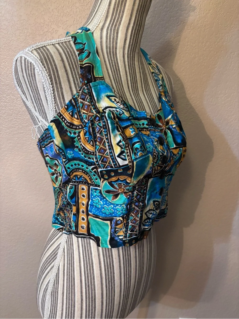 Y2K Halter Crop Top Small WONDER Blue Yellow Patchwork with Button Front - Picture 4 of 14